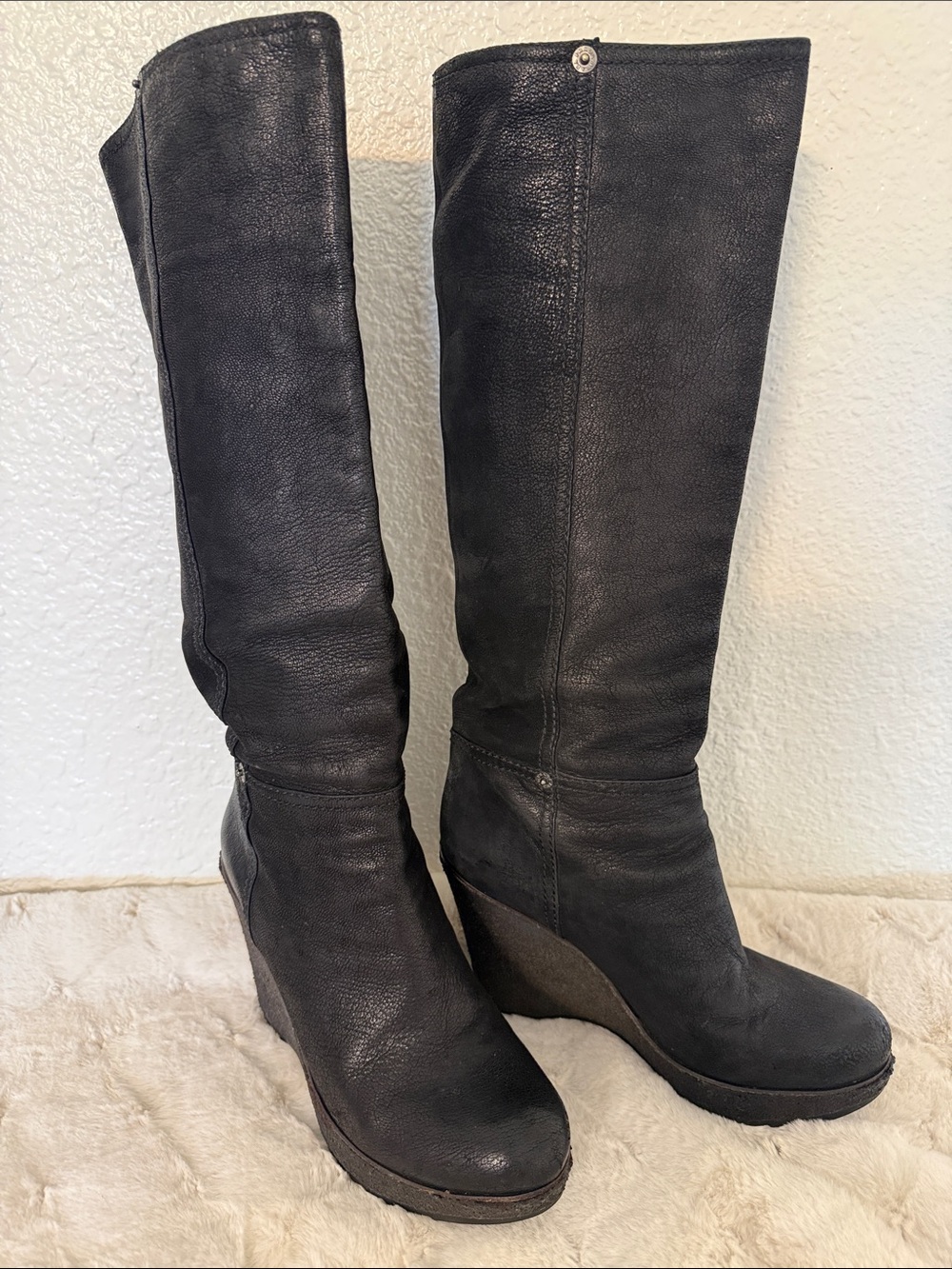 Prada Black Leather Wedge Knee-High Boots